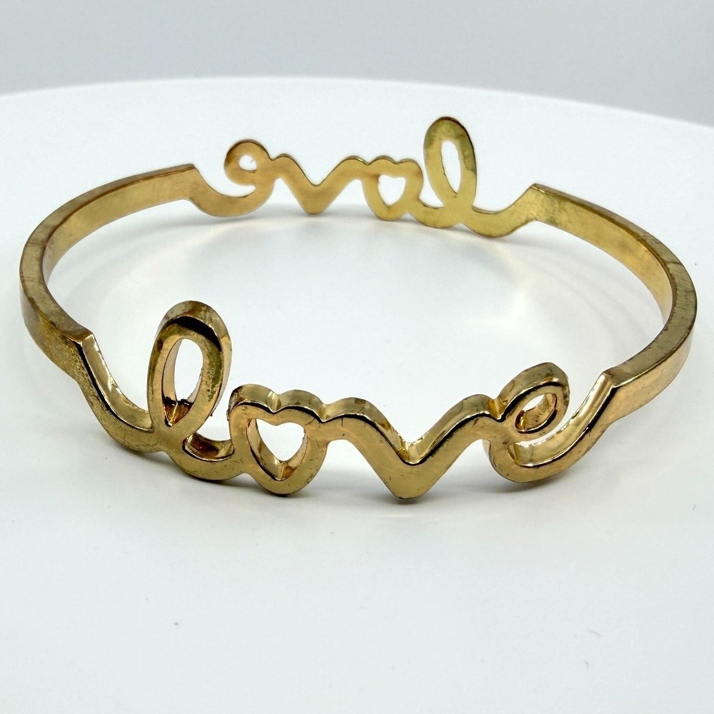 Gold Tone Love Script Bangle Bracelet Heart Detail Word Art Minimalist Stackable